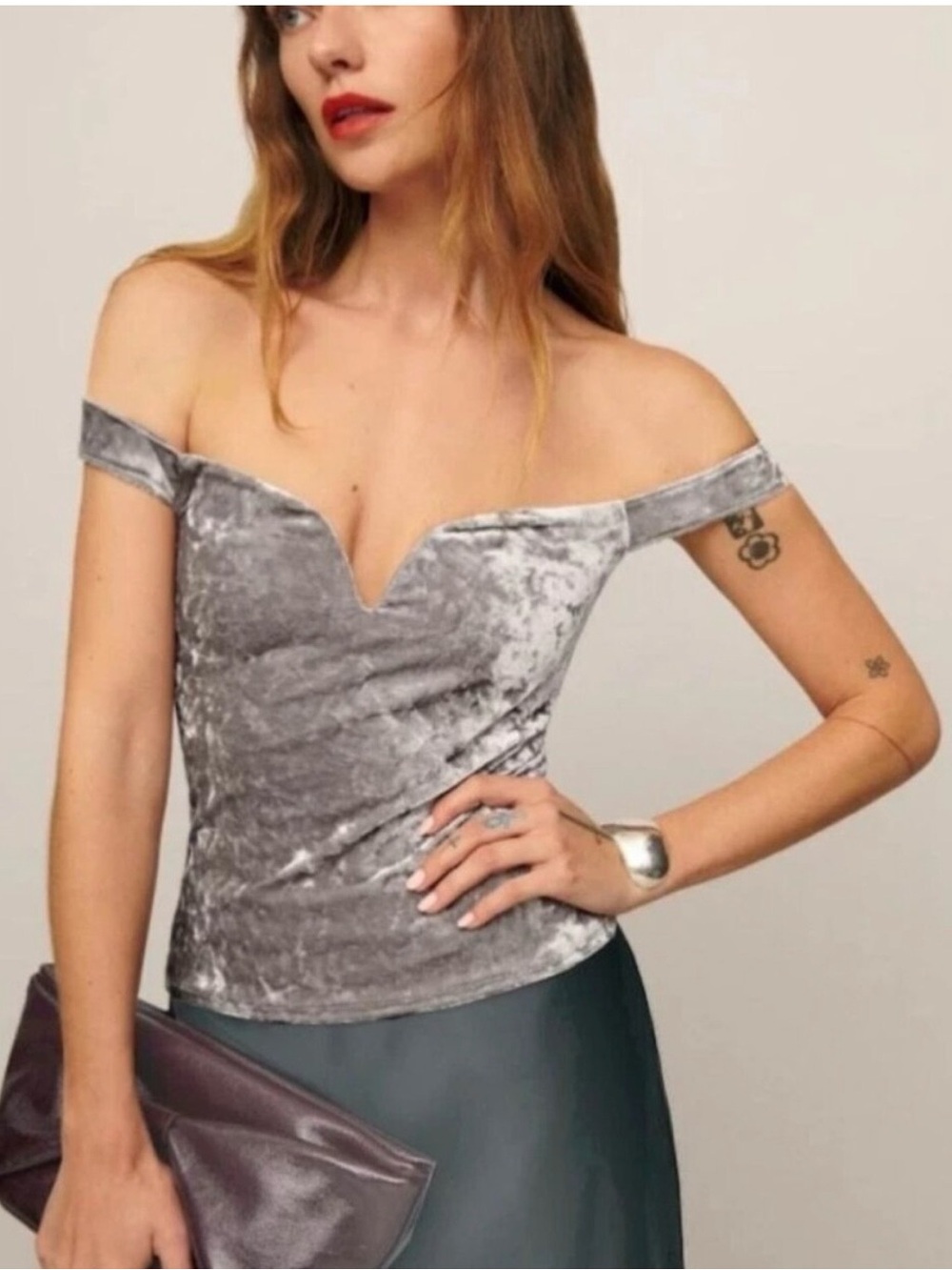REFORMATION 'Andria' Crushed Velvet Off-Shoulder Sweetheart Silver Knit Top S